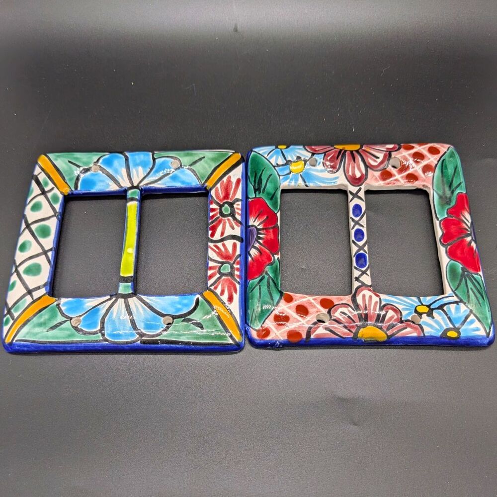 Hand Painted Ceramic Glazed Floral 2-Gang Decorator/Rocker Wall Plate Cover